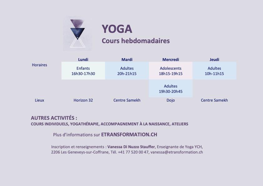 Programme cours Yoga hebdomadaire